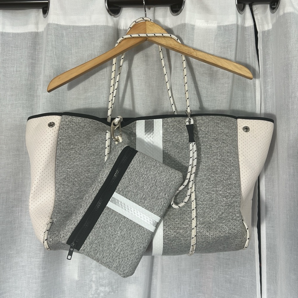 Haute Shore Gray and White Neoprene Tote Bag with Matching Wristlet
